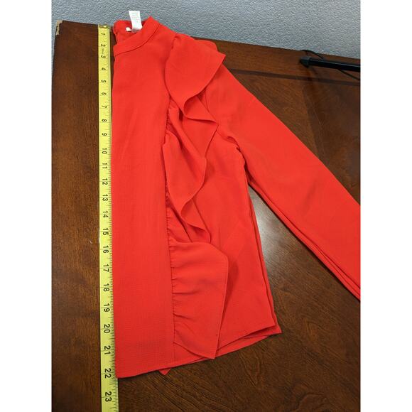 Forever 21 Ruffle Blouse Small Red Long Sleeve Button Back Keyhole Fancy Staple - Picture 6 of 9